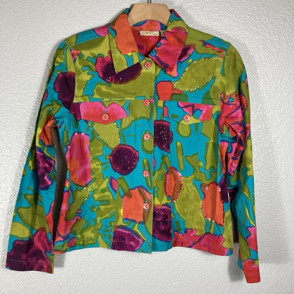 Artsy Watercolor Floral Jacket Petite M Sequin Bold Colorful Statement Cotton